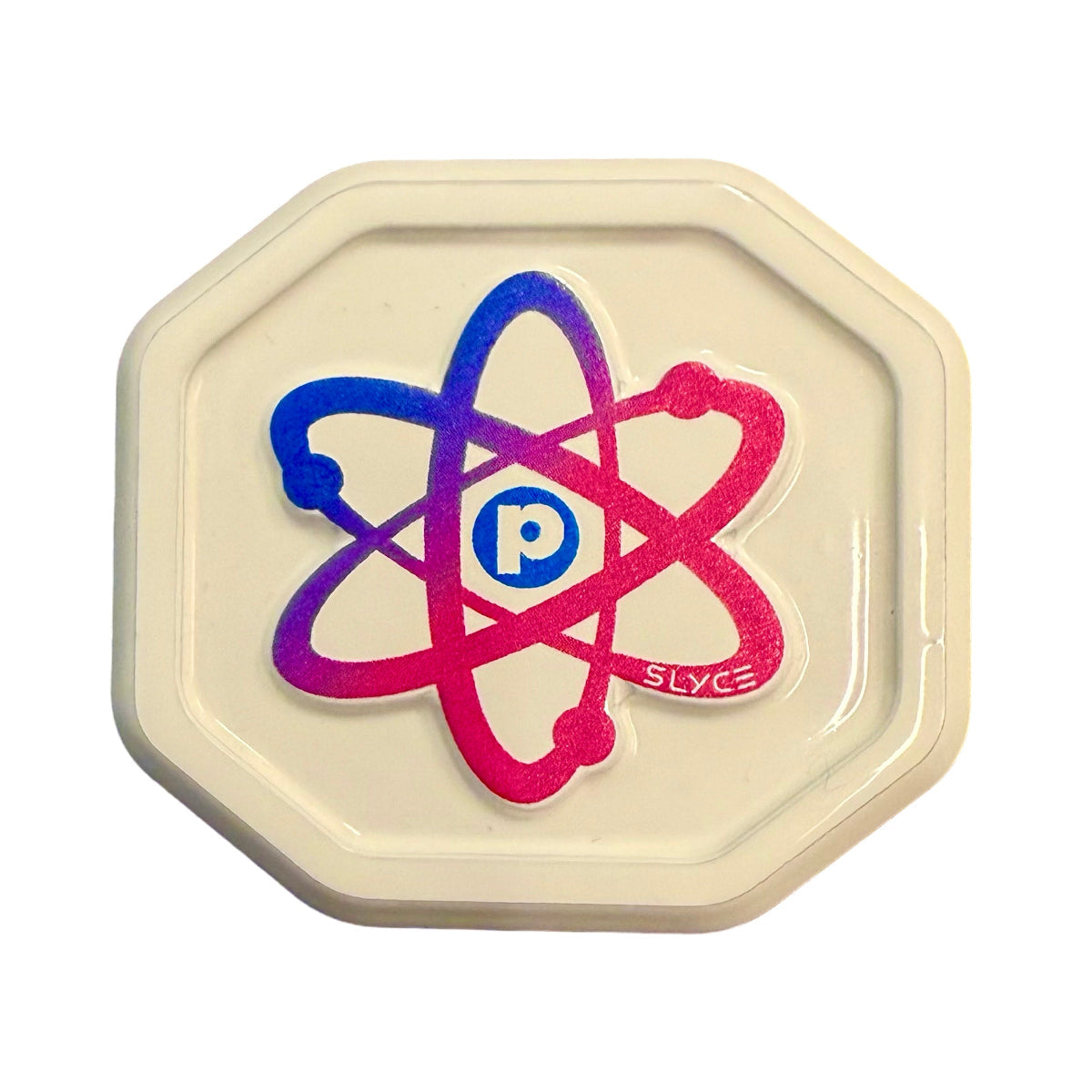 The Slyce Sport Special Edition SpeedCap for Proton (28g, 1.0 oz.) features a white octagonal pin with a glossy finish, atom symbol in blue/pink gradients, “p” at center, and “SLYCE” inside the pink orbit—designed to enhance paddle performance.