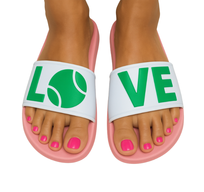 Show your tennis spirit with Runway Athletics’ Tennis LOVE After Play Tennis Slides—pink with white straps and green lettering. Embossed L and O (with a tennis ball) on the left, VE on the right; together, they spell LOVE. Perfect team gift!.