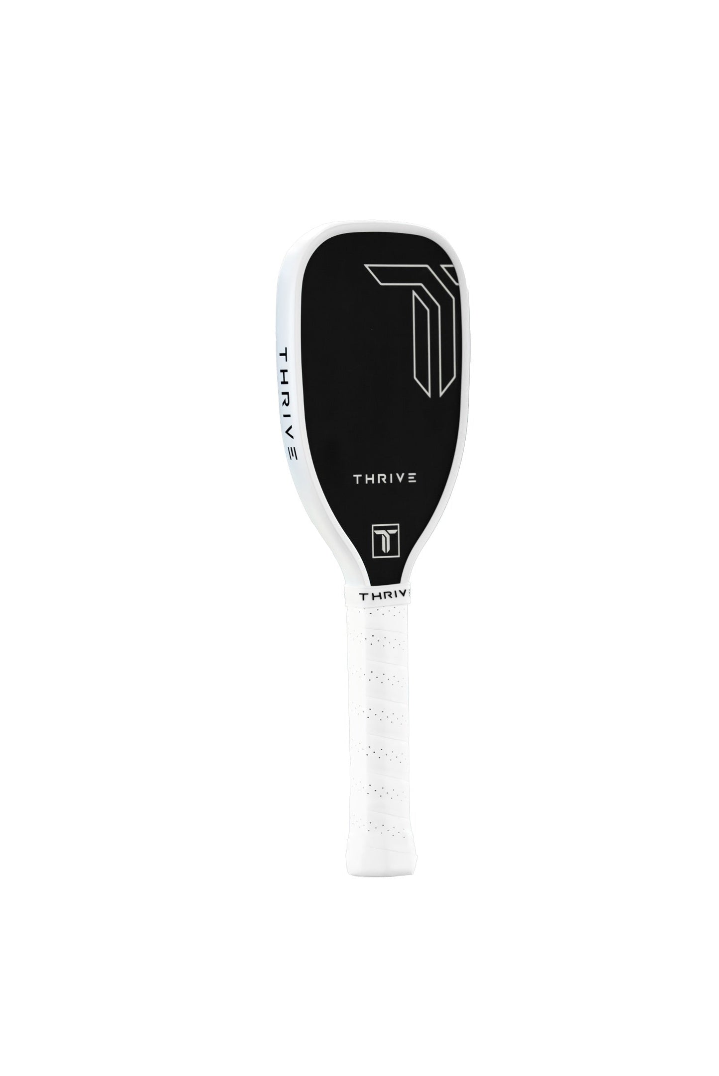 The Training Paddle (White) by Thrive Pickleball features a T700 carbon fiber face, polymer core, and white grip. This black paddle displays a geometric T logo, “THRIVE,” and the brand name vertically along the white edge.