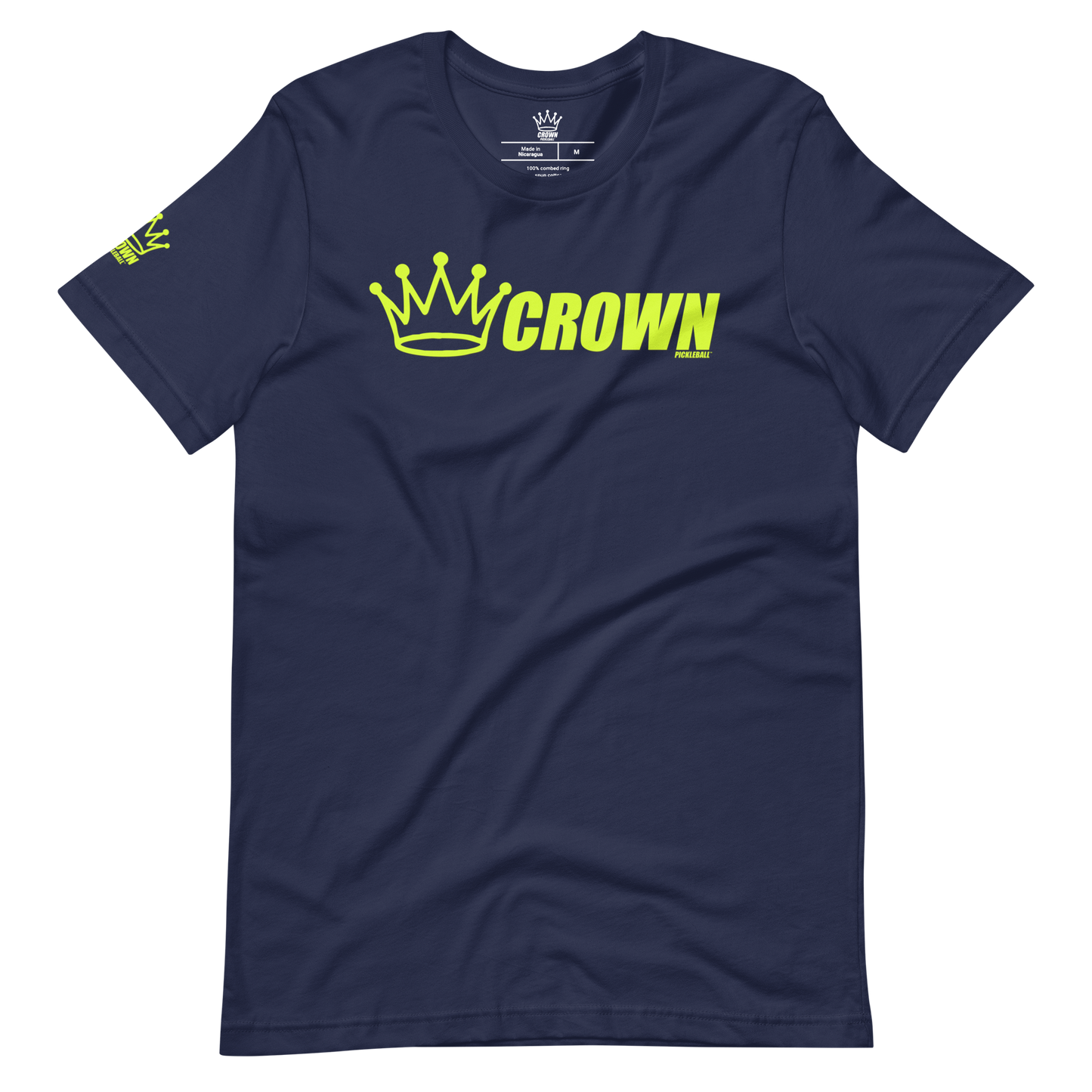 The CROWN PICKLEBALL - Logo Shirt (Navy) by Crown Pickleball is a fitted navy cotton t-shirt featuring a bold yellow crown and “CROWN” across the chest, with a smaller crown on the left sleeve, shown flat on a white background.