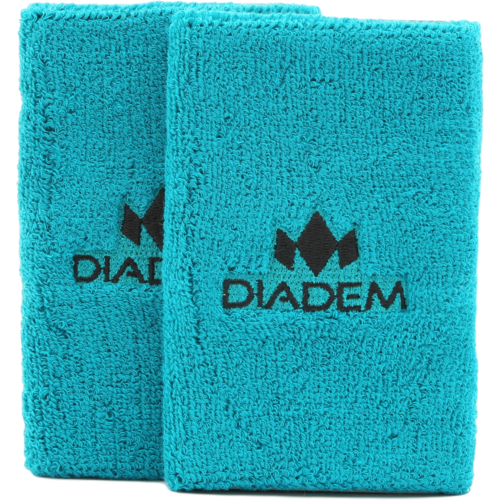 A pair of Diadem Logo 5" Wristbands from Diadem Sports in bright turquoise, featuring a soft textured fabric, super absorbency, and black logo with "DIADEM" embroidered on the front, displayed side by side on a light background.