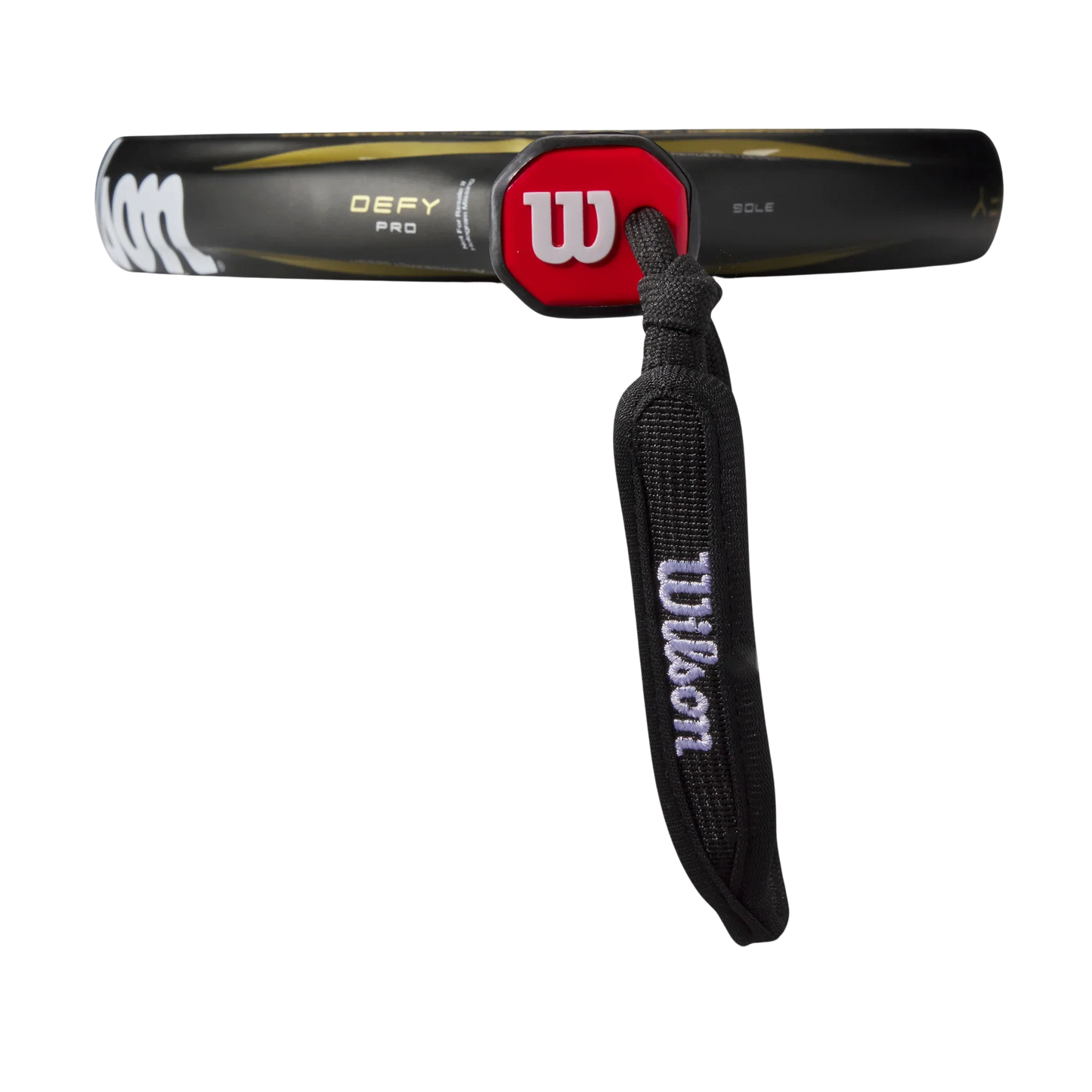 Close-up of the black handle on the Wilson Defy Pro V1 Padel Racket from Padel USA, with a red octagonal butt cap featuring a white W logo and a black wrist strap embroidered with “Wilson” in white, set against a plain white background.