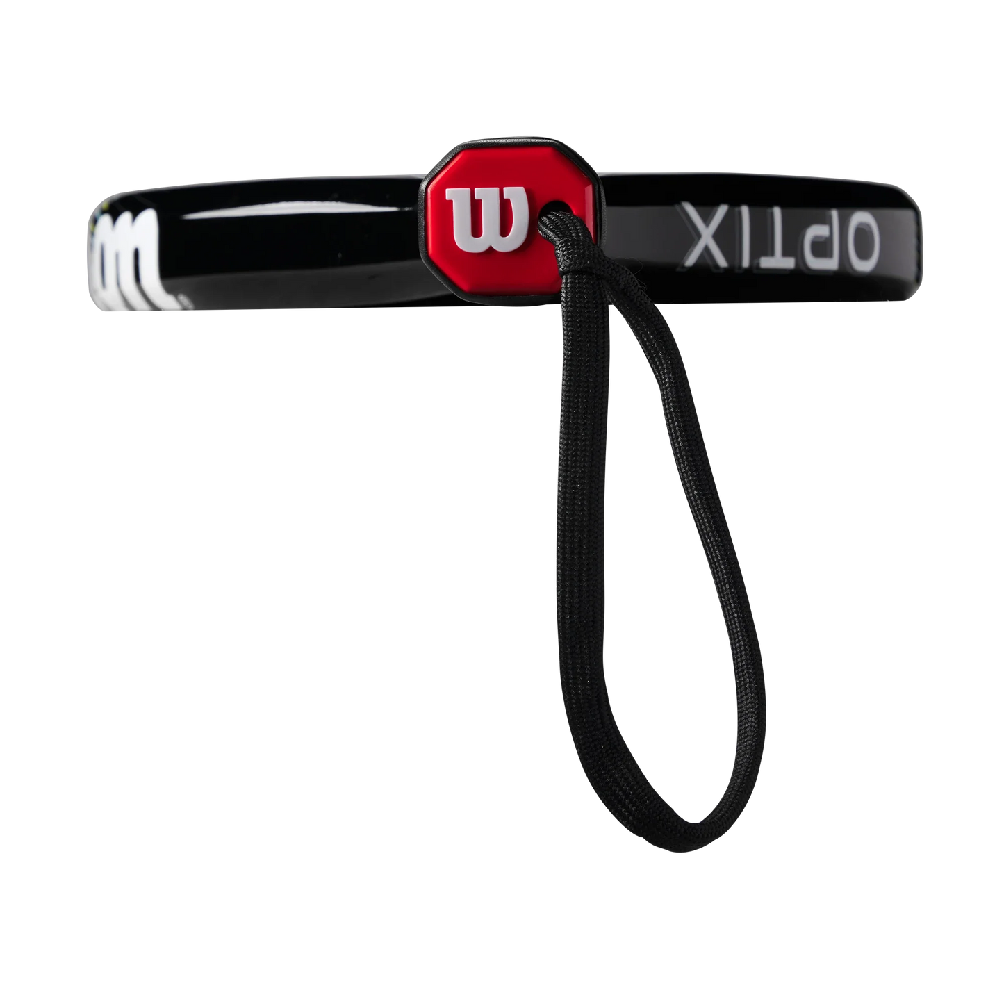 The Wilson Optix V1 Black Padel Racket by Padel USA features a black design with a red hexagonal center and white W logo, plus a black elastic band. "OPTIX" is partially shown in white, ideal for both tennis and control padel players.