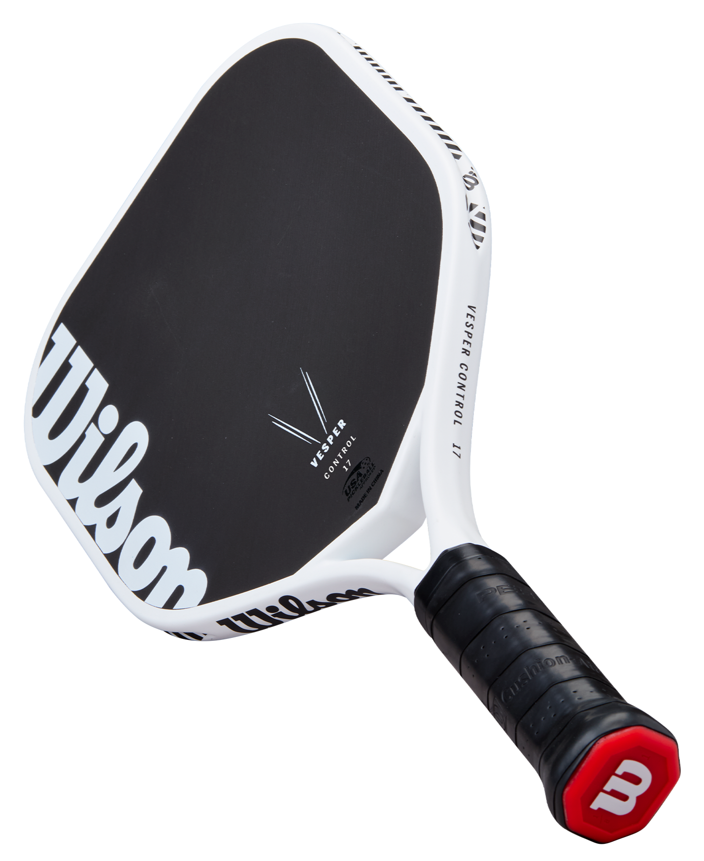 The Wilson Vesper Control 17MM by Royal Pickleball is a carbon fiber paddle with a black face, white edges, and black grip. It features a bold Wilson logo on the face, "V-ERSER CONTROL" near the edge, and a red "W" on the grip end for power.