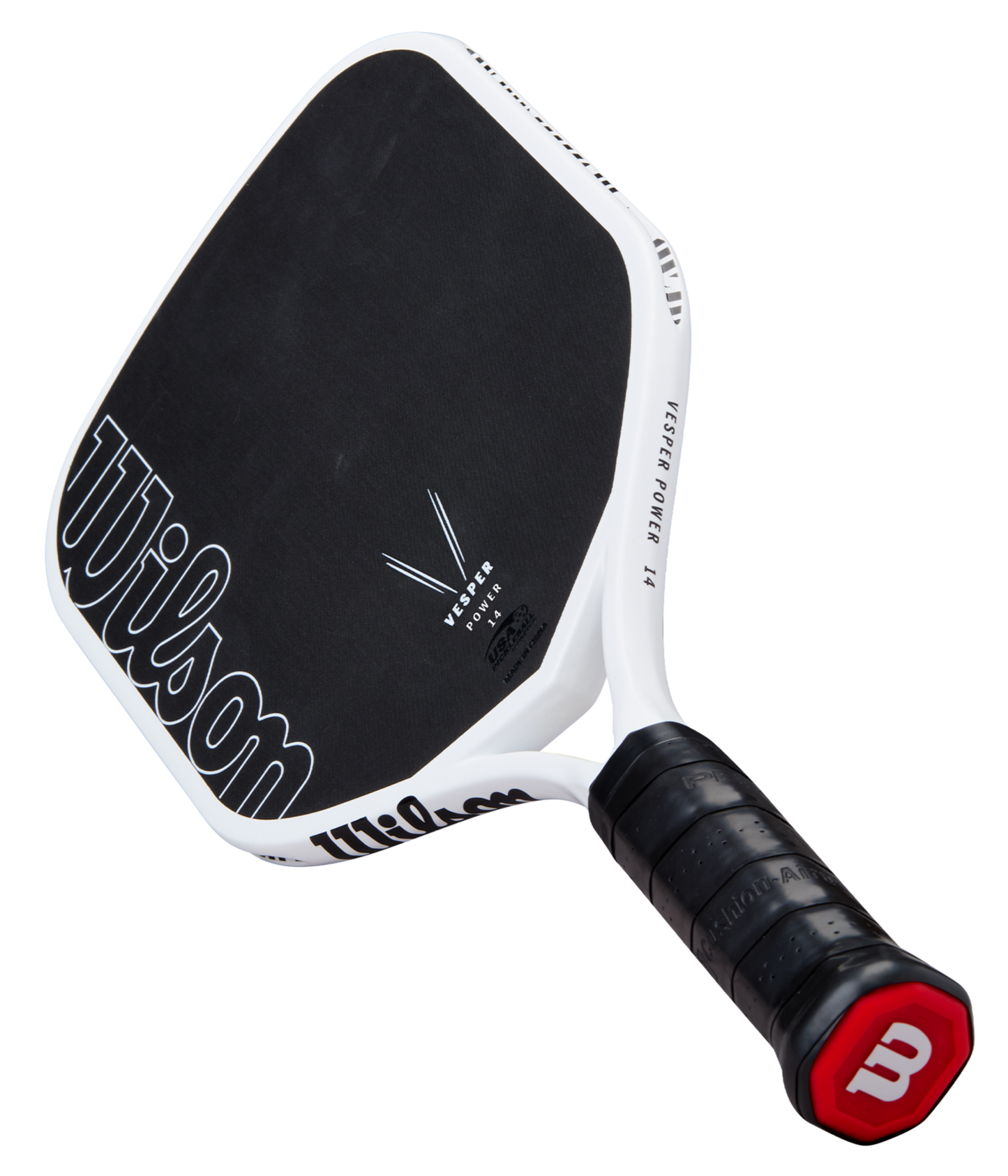 The Royal Pickleball Wilson Vesper Power 14MM is a carbon fiber paddle with a black face, white edges, and black grip. The Wilson logo lines the edge, with a red W on the handle, perfect for spin shots, shown against a plain white background.