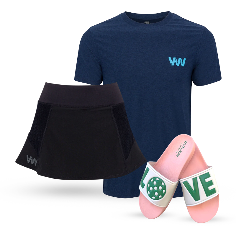 A navy blue T-shirt, a black athletic skirt, and a pair of pink slide sandals with “LOVE” in green letters and green accents, all arranged on a white background.