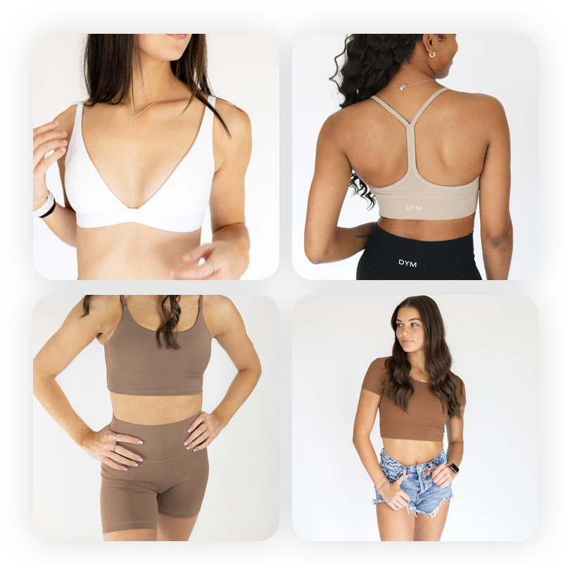 A collage of four women modeling minimalist activewear: a white bralette, a beige racerback bra, a tan crop top and shorts set, and a brown crop top with denim shorts, all against a white background.