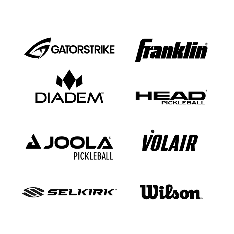 A 3x3 grid of pickleball brand logos: Gatorstrike, Franklin, Diadem, Head Pickleball, Joola Pickleball, Volair, Selkirk, and Wilson. All logos are black on a white background.