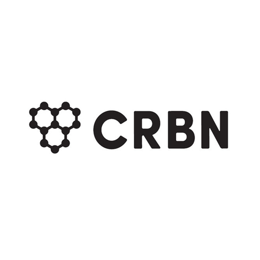 A black hexagonal chemical structure forming a heart shape appears left of the bold black letters CRBN on a white background.