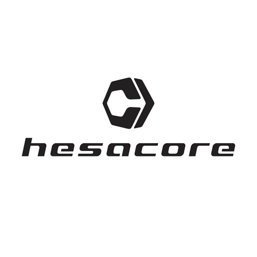 Black hesacore text in a modern, rounded font below a hexagonal logo with a stylized H on a white background. The design has a clean and minimalist appearance.