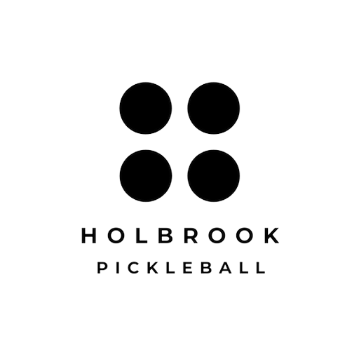 A minimalist logo with four black circles in a square formation above the words HOLBROOK PICKLEBALL in uppercase black letters on a white background.