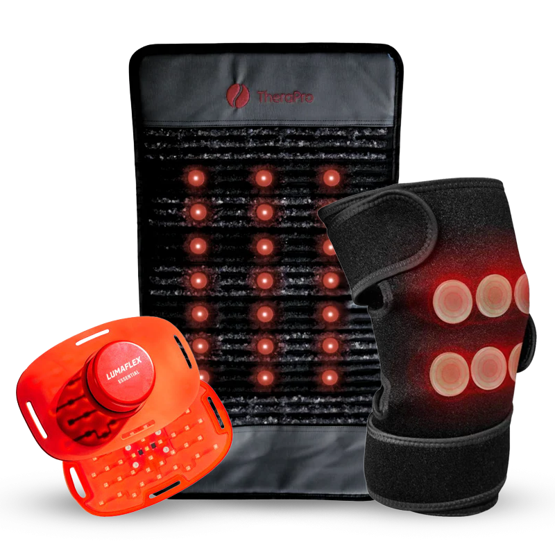 Three red light therapy devices: a flat rectangular mat with glowing red lights, a red curved pad, and a black knee wrap with circular red lights, all on a white background.