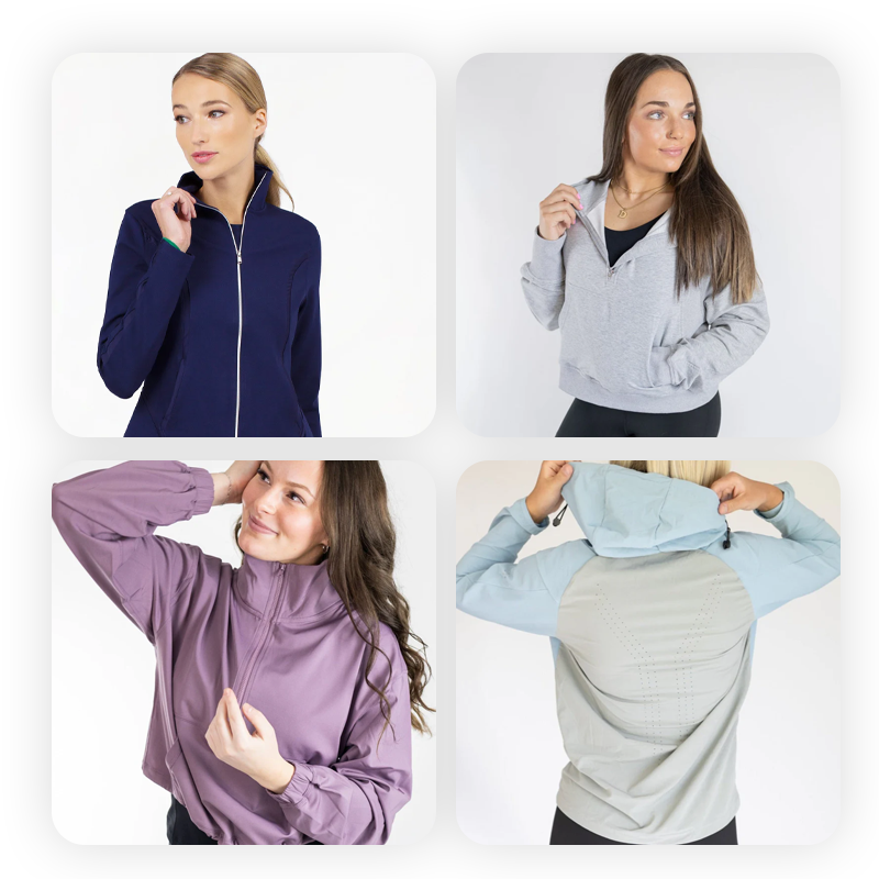 A collage of four women modeling different zip-up jackets in navy blue, light gray, lavender, and light blue, shown from various angles against plain white backgrounds.