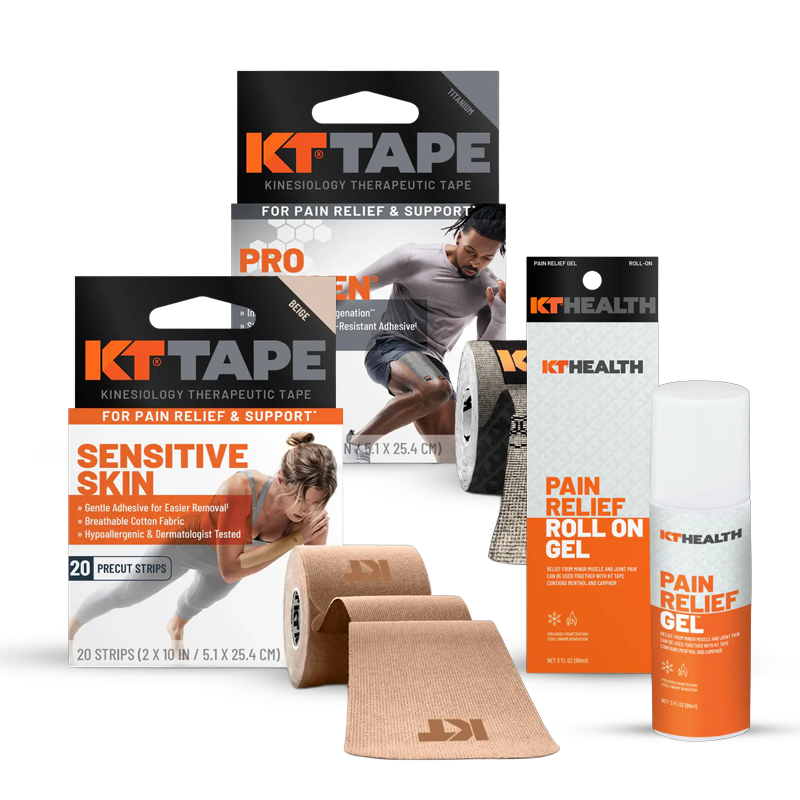 Four KT Tape pain relief products are shown: two boxes of kinesiology tape, an unrolled beige tape, one box of pain relief gel, and one spray bottle of pain relief roll-on gel.