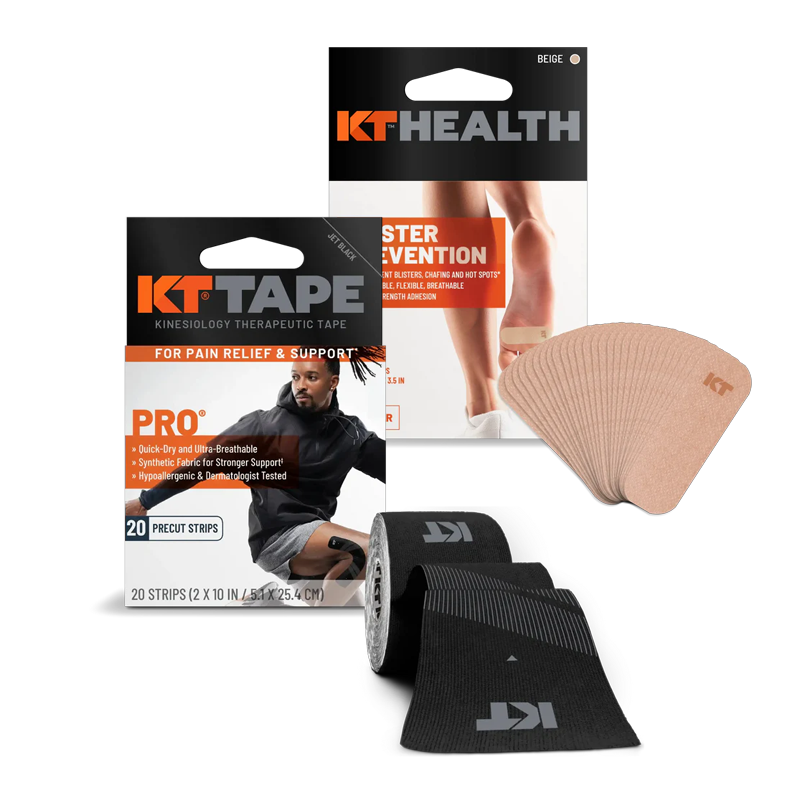 A black roll of KT Tape, a pack of beige KT Health blister prevention strips, and their boxes. The boxes show a person applying tape to a knee and blister strips to a heel.