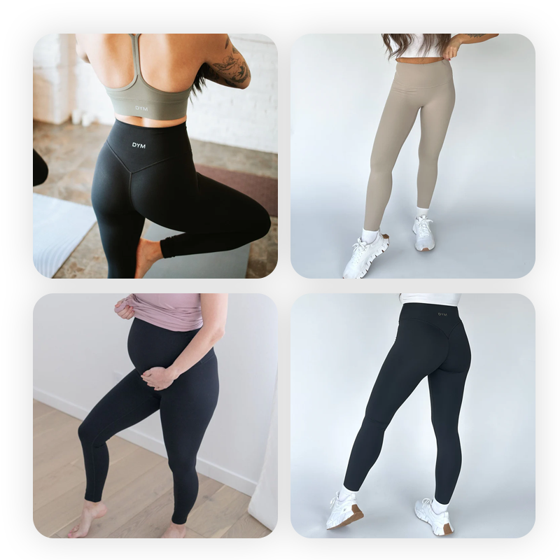 Four images of women wearing different styles of high-waisted leggings in neutral colors; one is pregnant, and another shows the leggings’ back view. All are in indoor settings.