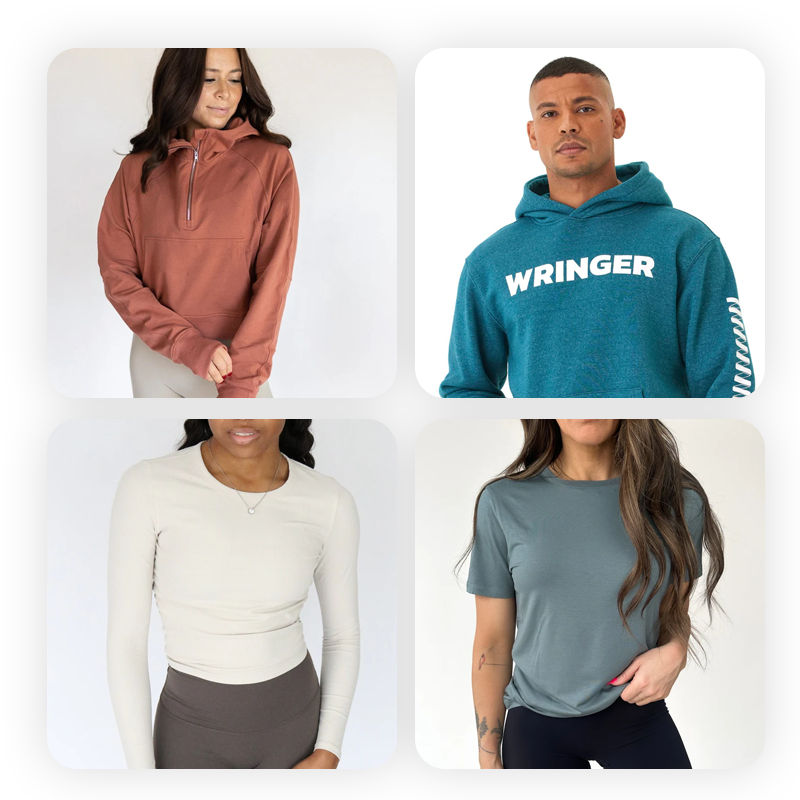 A collage of four people modeling casual wear: top left wears a rust hoodie, top right a teal hoodie with “WRINGER”; bottom left a cream long-sleeve top, and bottom right a slate blue short-sleeve shirt.