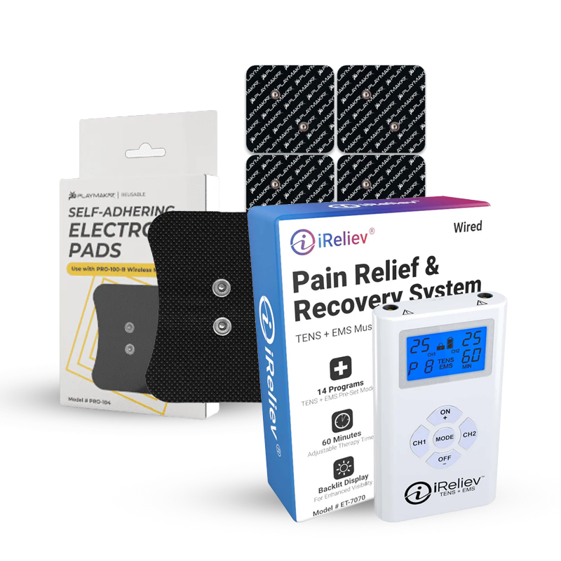 Boxed iReliev Pain Relief & Recovery TENS system with digital display, pack of self-adhering electrode pads, six black electrode pads, and a black strap, all arranged together.