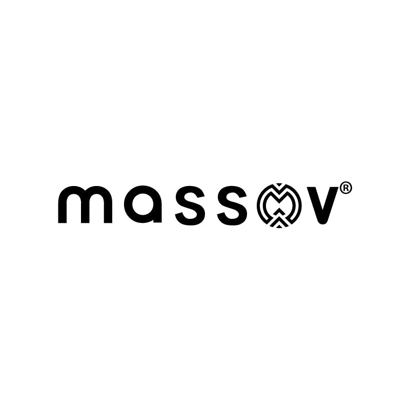 The word “massov” in lowercase black letters; the second “o” is a stylized geometric logo with an “M” and two arrows pointing upward inside a circle, and a registered trademark symbol appears above the “v”.