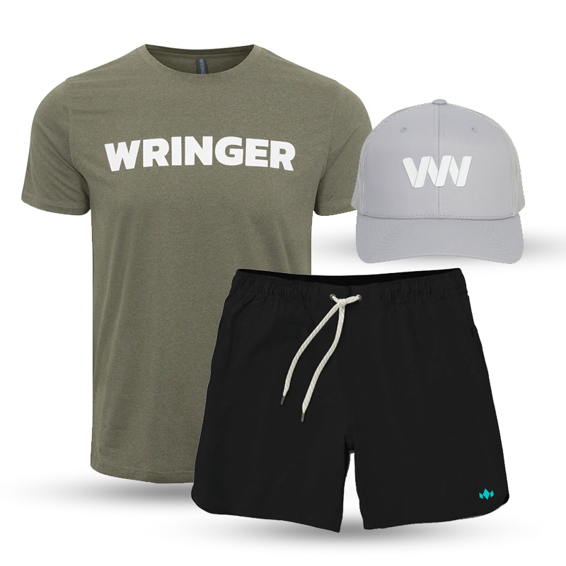 A khaki green T-shirt with WRINGER in bold white letters, a light gray baseball cap with WN in white, and black drawstring shorts with a small blue logo on the left leg.