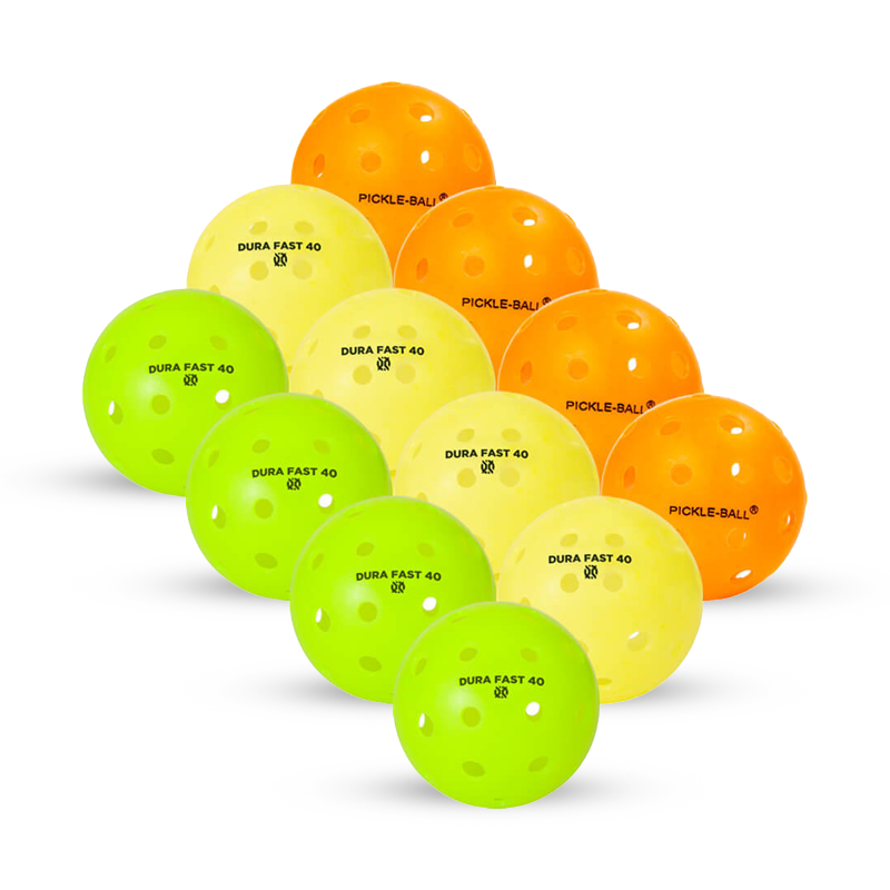 A pyramid of twelve pickleball balls in three colors: green, yellow, and orange. Each ball is marked “Dura Fast 40” and has multiple holes on its surface.