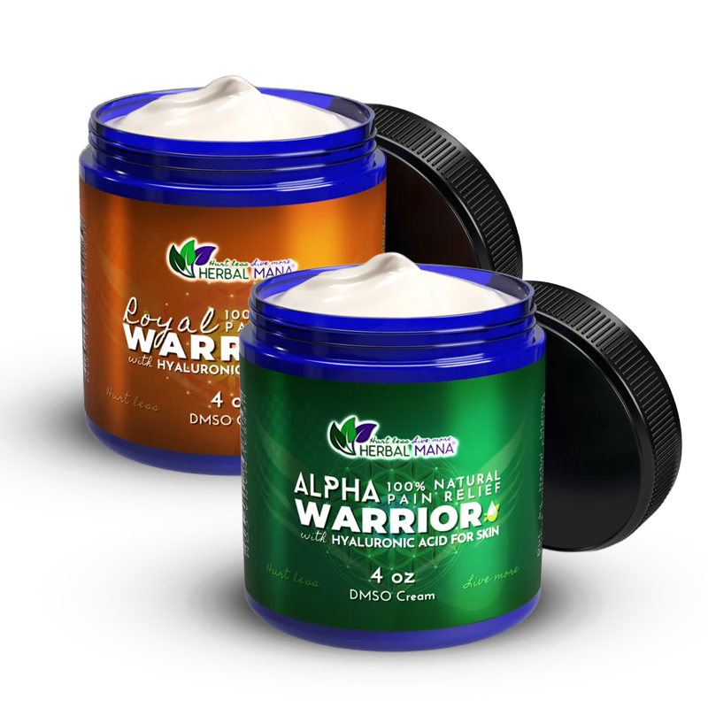 Two open jars of Herbal Mana pain relief creams are shown. The front jar is blue and labeled Alpha Warrior, while the jar behind is orange and labeled Royal Warrior. Both are 4 oz DMSO creams.