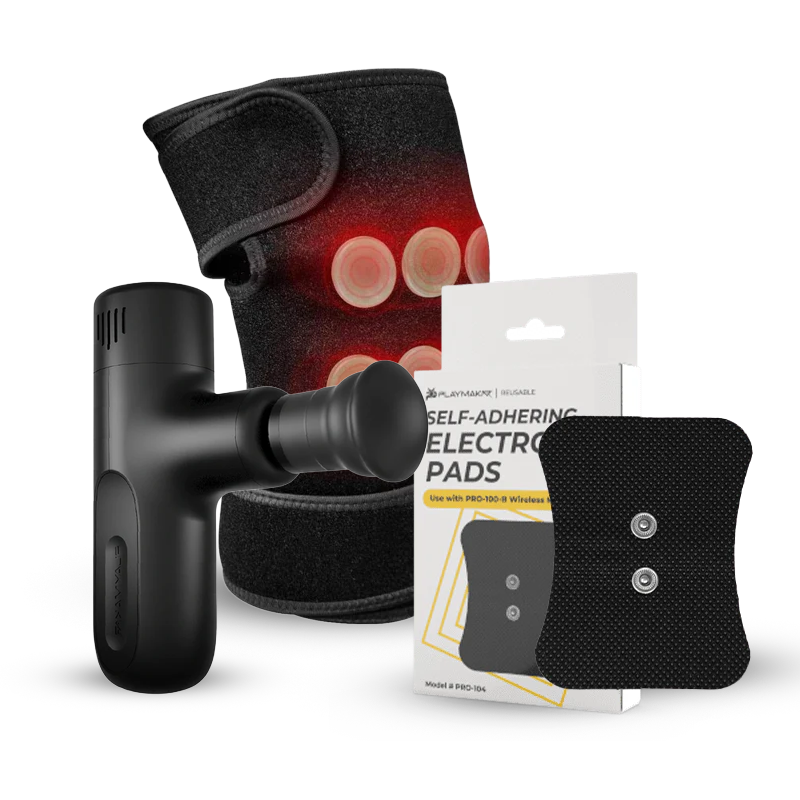 A black massage gun, a black knee brace with red light therapy, a pair of black self-adhering electrode pads, and a white box labeled Self-Adhering Electrode Pads are displayed together.