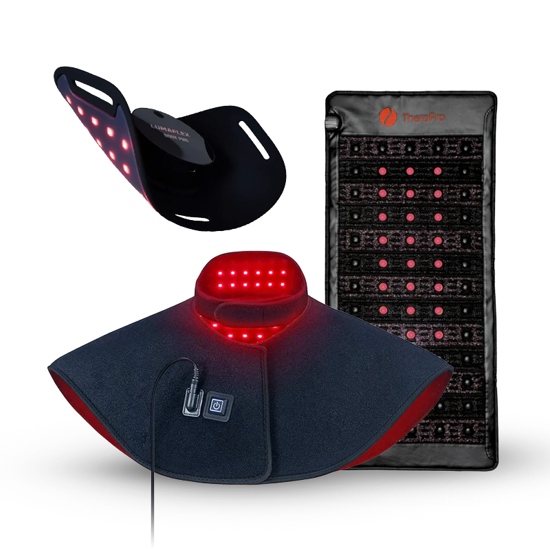Three black therapy devices with glowing red LED lights: a flexible rectangular mat, a contoured neck wrap with a power button, and a curved pad, all designed for targeted light therapy or heat therapy.
