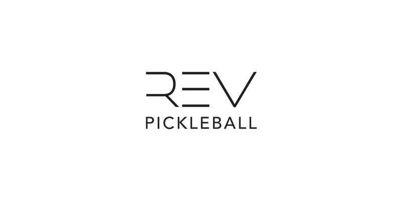 Minimalist black text logo on a white background reads “REV” in a modern, stylized font above the word “PICKLEBALL” in a clean, simple uppercase typeface.