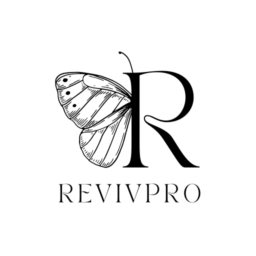 A black letter R with the left half replaced by a detailed butterfly wing illustration. Below it, the word REVIVPRO is written in uppercase serif font on a white background.