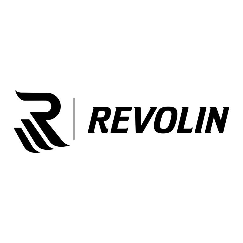Black stylized R logo with three wing-like lines on the left, separated by a thin vertical line from the bold, capitalized word REVOLIN on a white background.
