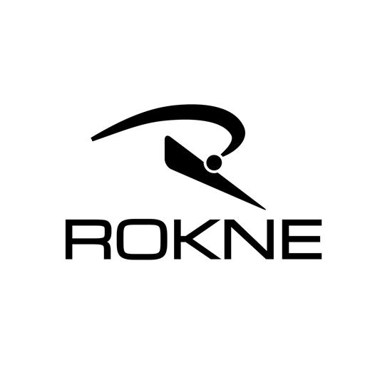 Black and white logo with the word ROKNE in bold, modern letters below a stylized bird or shuttlecock design with a curved line arching above it.