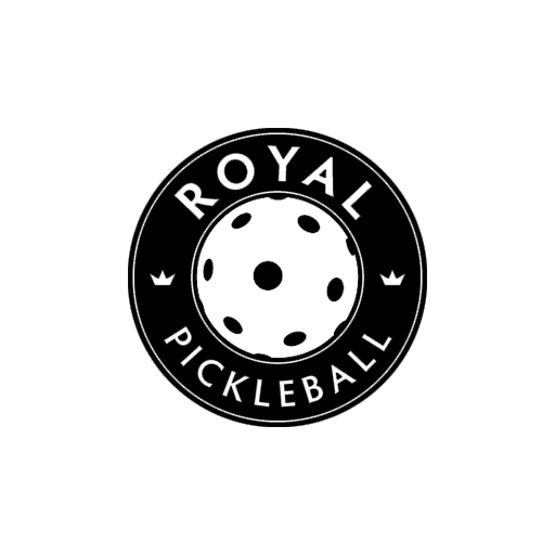 Black and white logo with a pickleball at the center, surrounded by the words “Royal Pickleball” in a circular border, with two crown icons on either side.