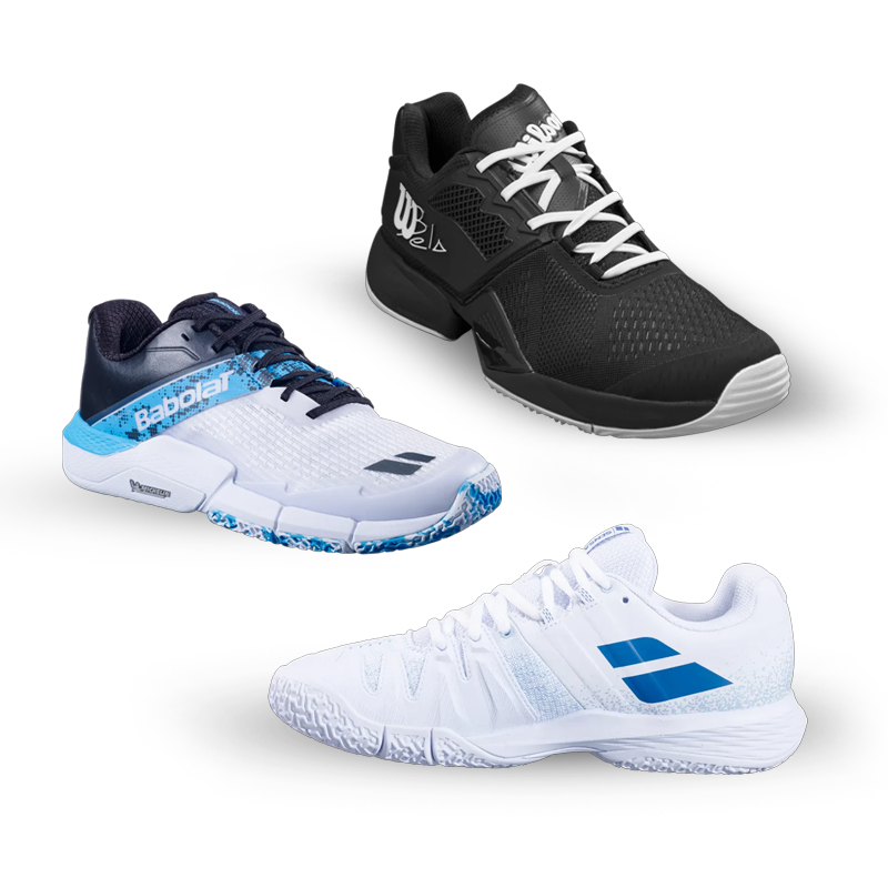 Three tennis shoes are displayed on a white background: a black Wilson shoe, a white and blue Babolat shoe, and an all-white Babolat shoe with blue accents.
