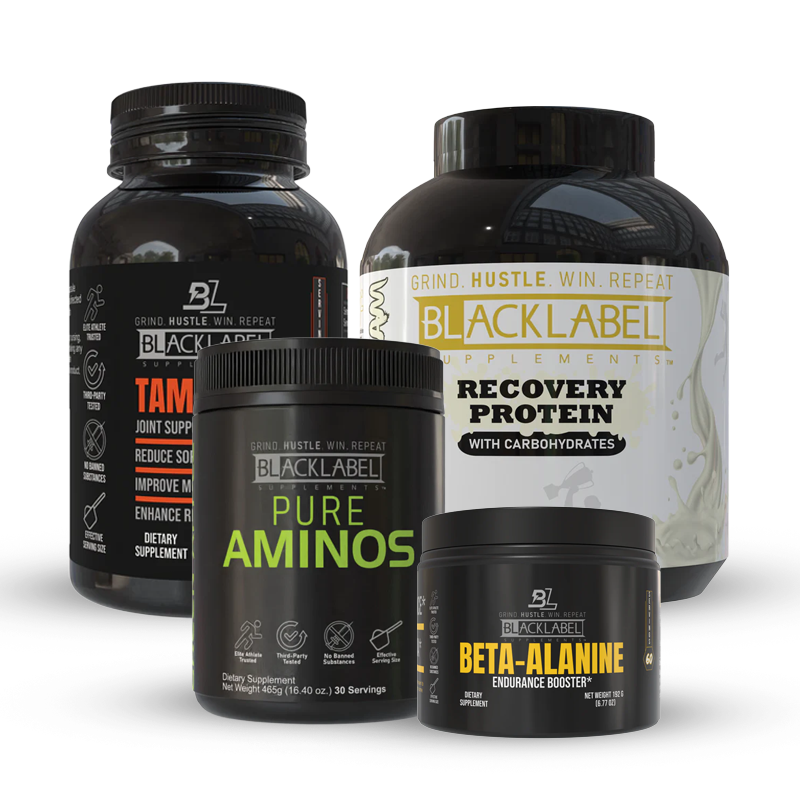 Four BlackLabel supplement containers are arranged together, including Recovery Protein, Pure Aminos, Beta-Alanine, and Tame Joint Support, all with black labels and bold white or yellow text.