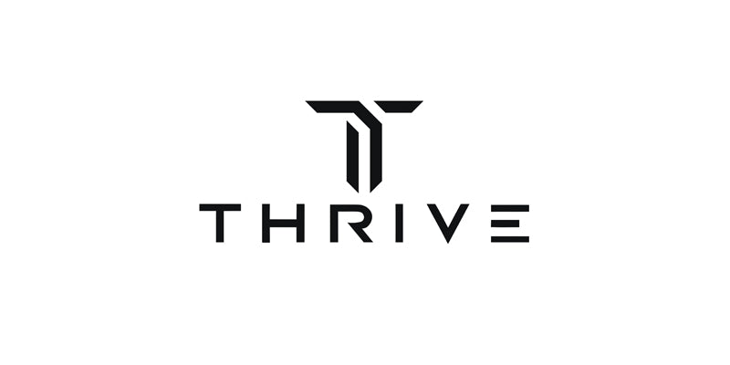 Black geometric logo on a white background with a stylized T above the bold, modern word THRIVE. The letters feature clean angles and minimalist design.