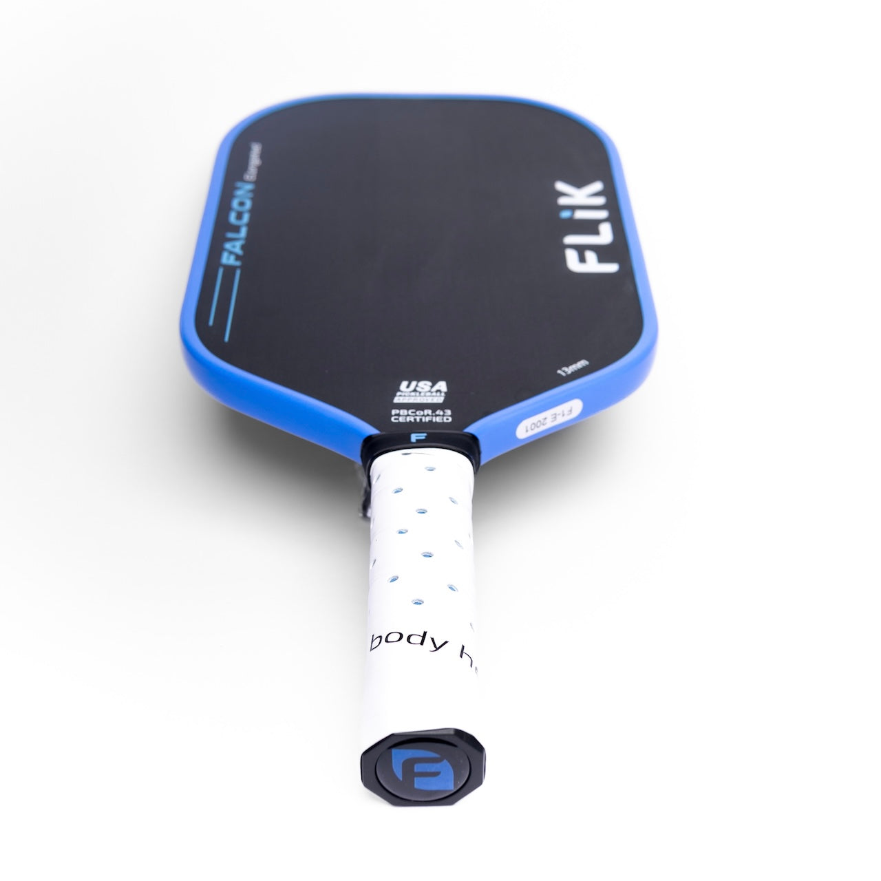 The FLiK Falcon Elongated by body helix is a USAP-approved pickleball paddle with a sleek black face, blue edge, white dotted grip, and blue “F” logo on the handle—crafted for top speed, precision, and exceptional control.