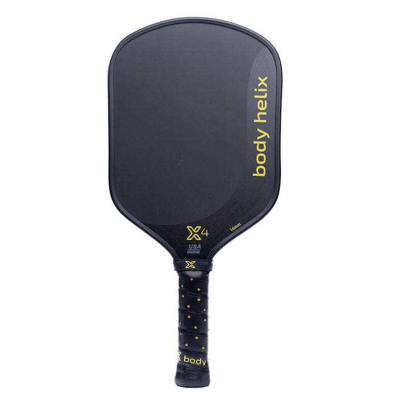 The X4 Pickleball Paddle by body helix features a black T700 raw Toray Carbon Fiber face, honeycomb PP core, “body helix” in yellow, X4 near the throat, and a black grip with yellow dots and “body” printed at the base. USAP Approved.