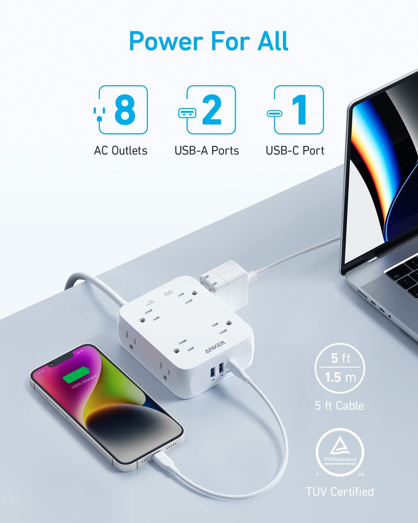 The Anker 341 USB Power Strip features 8 AC outlets, USB-C charging, surge protection, a 5 ft (1.5 m) cable, and is TUV Certified. Shown on a desk powering a smartphone and laptop. Text highlights: “Power for All.”.