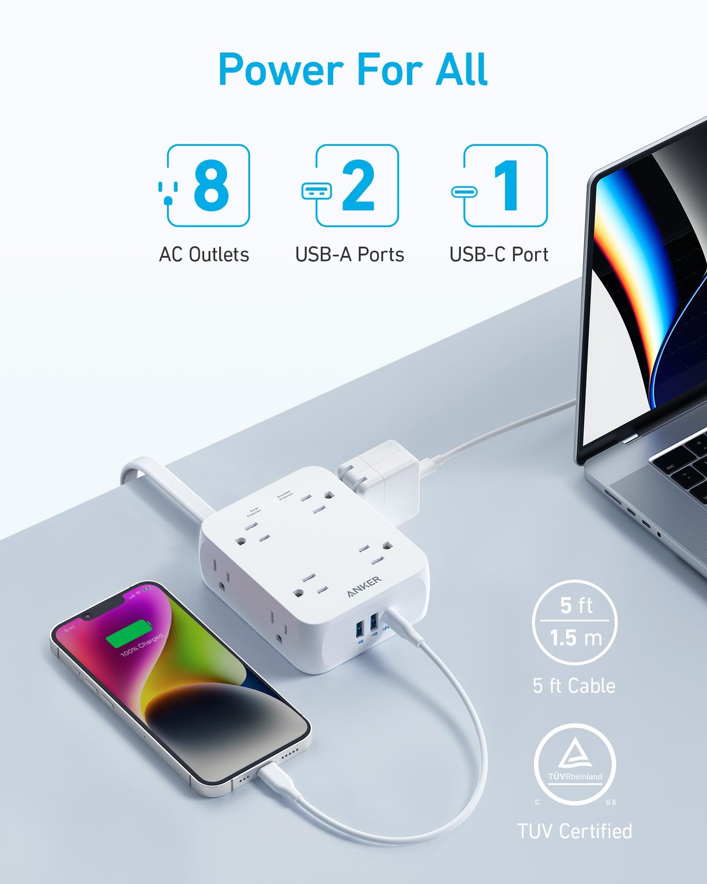 The Anker <b>341</b> USB Power Strip is a white, TUV-certified strip with 8 AC outlets, surge protection, 2 USB-A ports, 1 USB-C port, and a 5 ft (1.5 m) cable. It powers a smartphone and laptop. Features are highlighted in blue text.