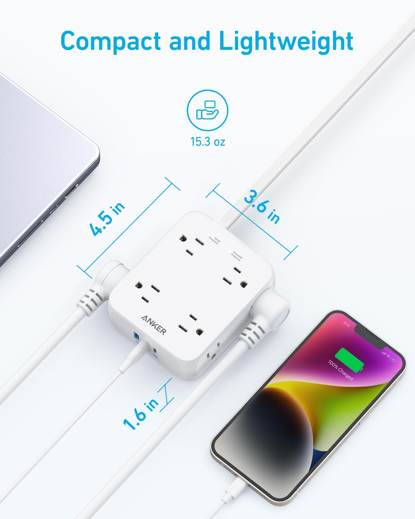 The Anker 341 USB Power Strip, shown plugged in and charging a smartphone, features three AC outlets, two USB ports (including USB-C), measures 4.5 x 3.6 x 1.6 inches, weighs 15.3 oz, and is compact and lightweight.