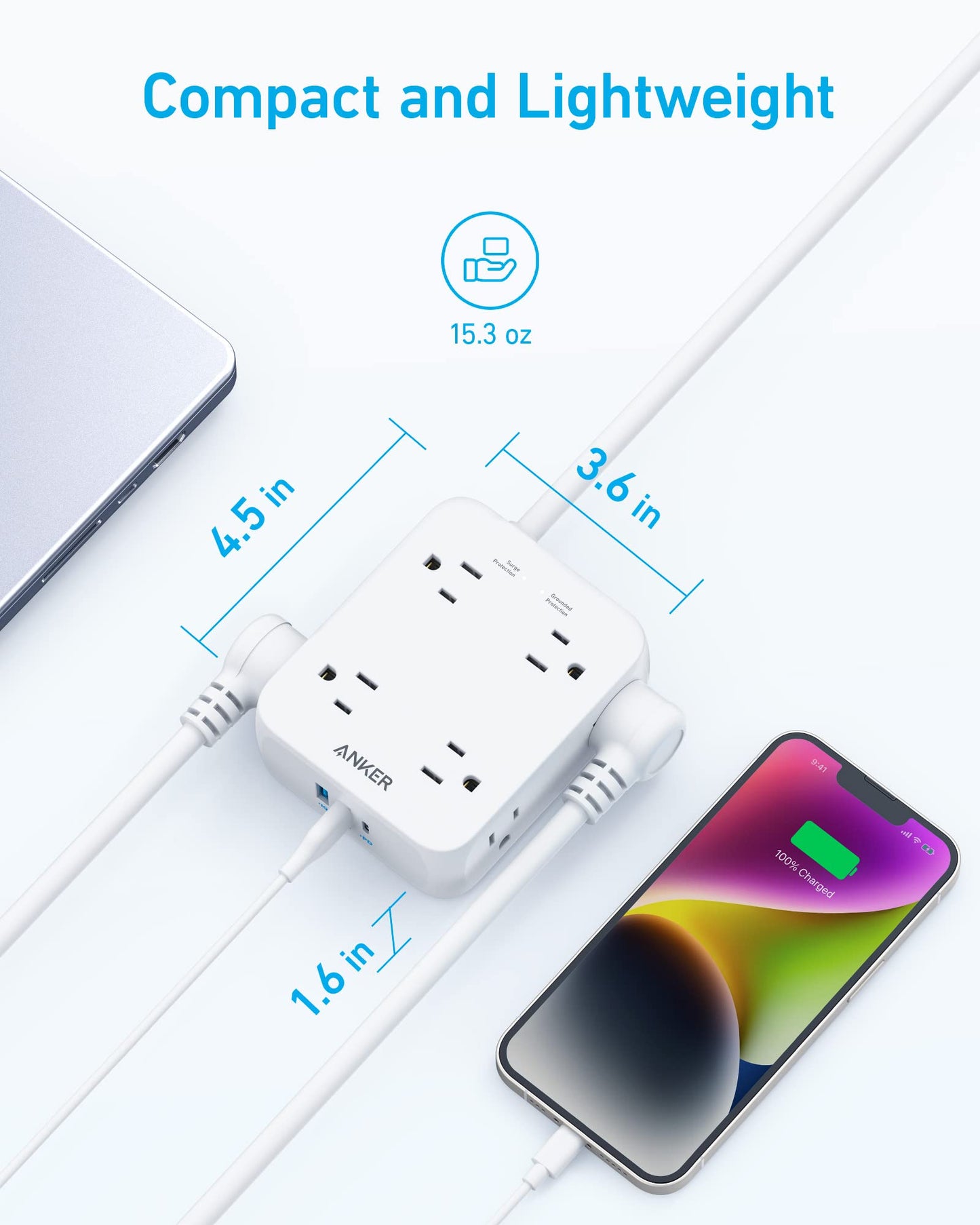 An Anker 341 USB Power Strip, white with six outlets, surge protection, and two USB ports, sits on a desk by a laptop and phone. Blue lines highlight its compact 4.5 x 3.6 x 1.6-inch size and light 15.3-ounce build.