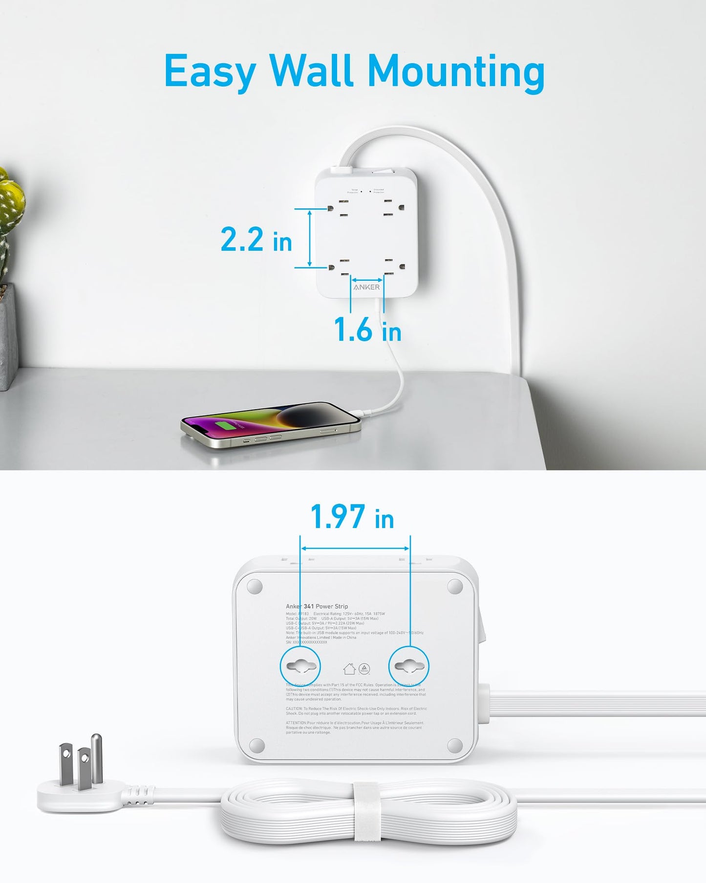 An Anker 341 USB Power Strip with surge protection is wall-mounted above a desk, charging a smartphone via USB-C. Blue text shows dimensions: 2.2 in x 1.6 in (top) and 1.97 in (bottom), displaying the back and coiled white cord.