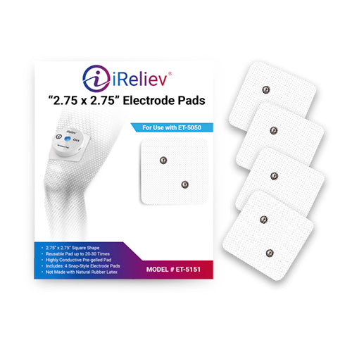 The image shows a box of iReliev Wireless Small Pads Refill Kit with four white, reusable square pads. These premium hydrogel electrode pads are compatible with the ET-5050 therapeutic wearable system.