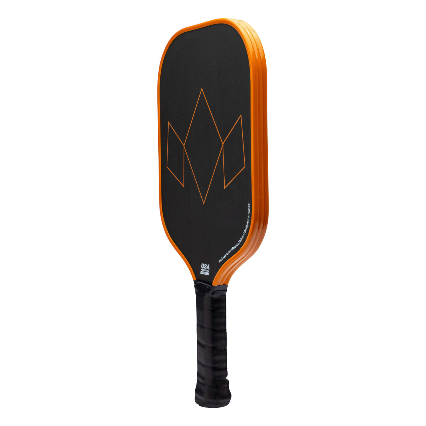 The Diadem Sports Warrior Edge is a black pickleball paddle with orange edges and a crown-like geometric design on the face, featuring a black grip-wrapped handle. USAPA approved. Set against a white background.
