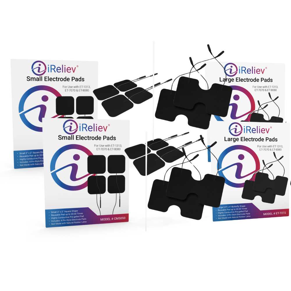 Four sets of iReliev Wired Small and Large Electrode Pad Bundles, in different sizes with attached wires, are shown in front of iReliev packaging labeled “Small Electrode Pads” and “Large Electrode Pads.”.