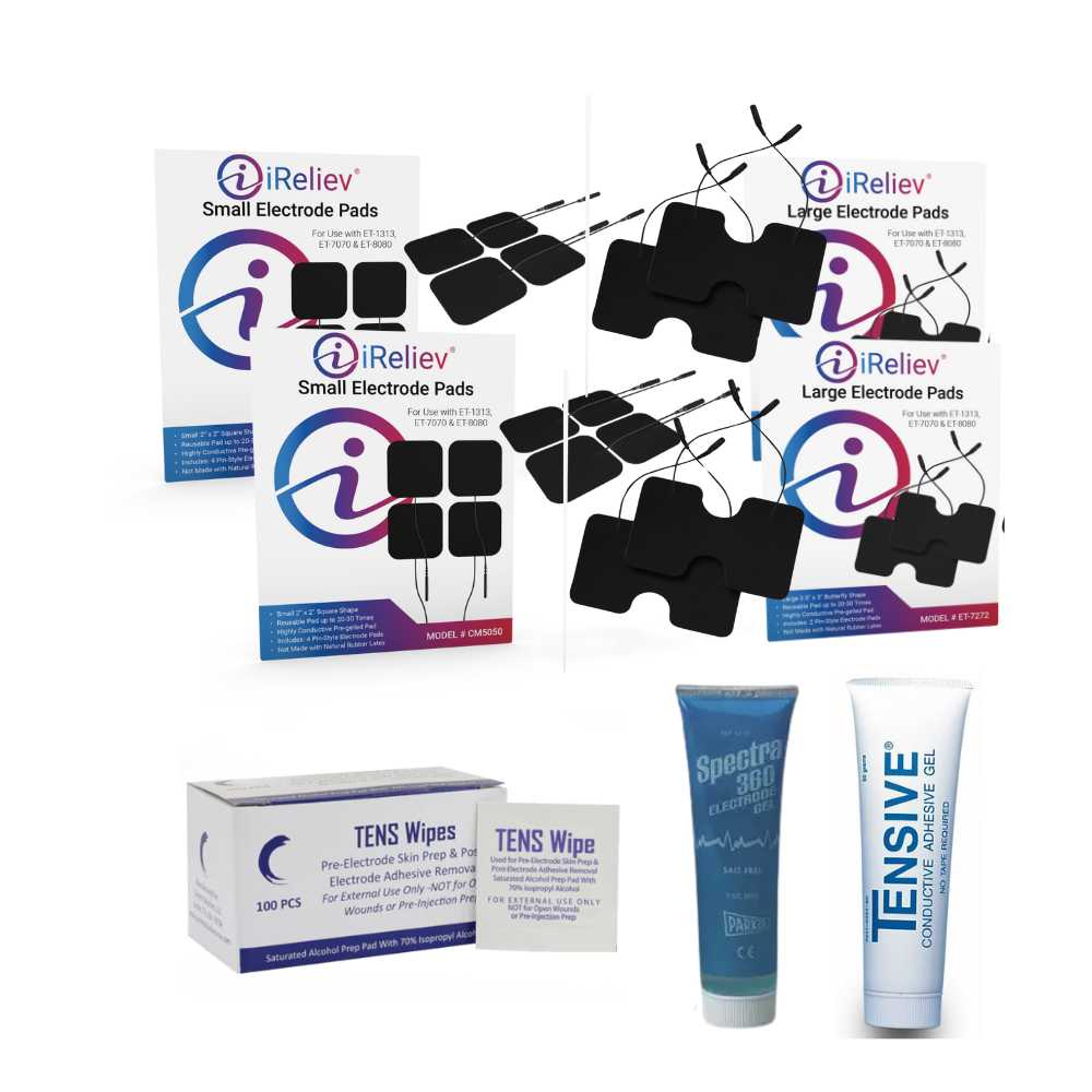 The iReliev Wired Small and Large Electrode Pad Bundle includes two boxes of small pads, two boxes of large pads (exposed black backing), one box of skin prep wipes (single wipe packet), and Spectra 360 and Tensive conductive gels.