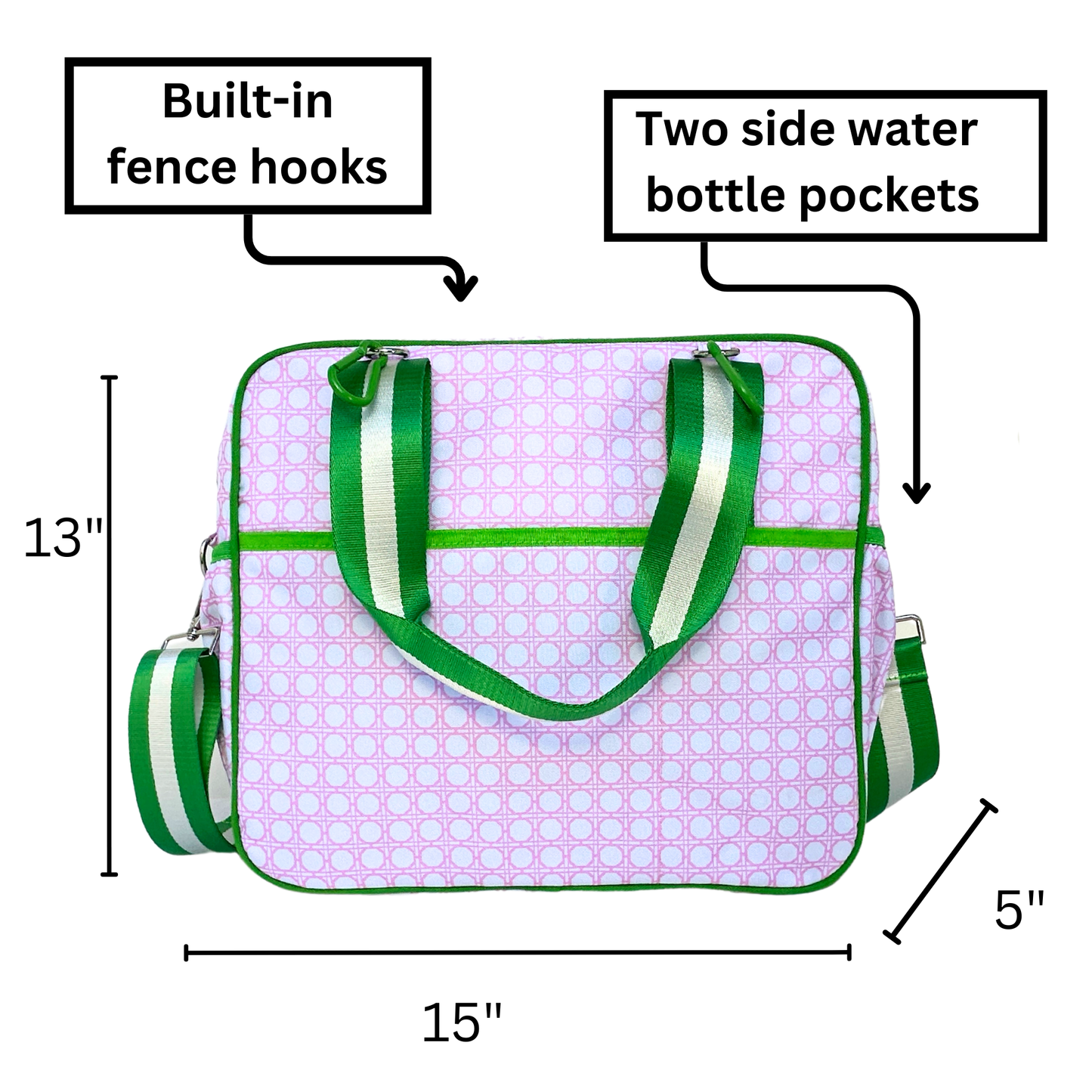 The Queen of the Court Prepster Pickleball Bag, a rectangular pink and white tote with green straps, measures 13" tall, 15" wide, and 5" deep. It features built-in fence hooks at the top plus two side water bottle pockets.