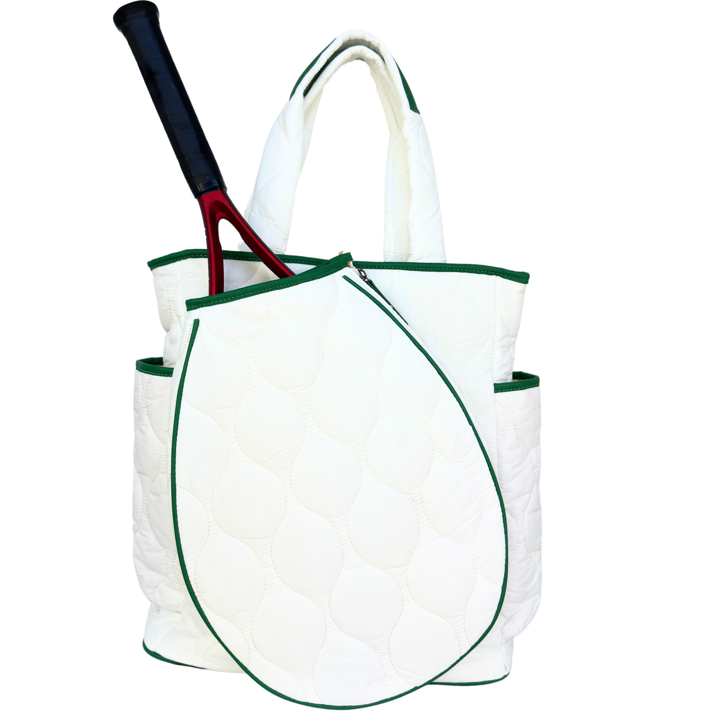 The Queen of the Court Park Ave Tennis Convertible Bag/Backpack is a white quilted bag with green trim, featuring an external zippered pocket for your racket, short handles, side pockets, and versatile carry options—all shown on a white background.