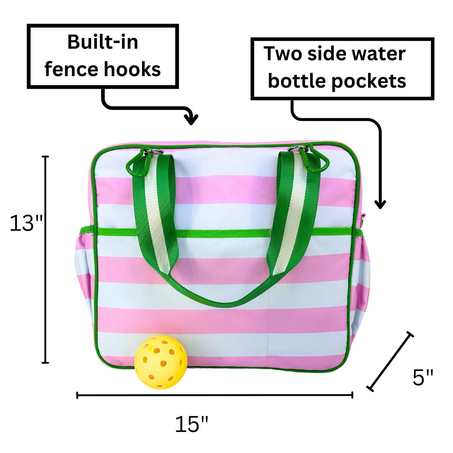 The Queen of the Court Prepster Pickleball Bag is shown in pink and white stripes with green handles. Measuring 13”x15”x5”, it features fence hooks, two side water bottle pockets, and a yellow pickleball displayed in front.